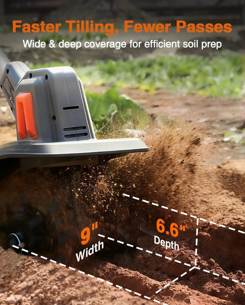 Powerful Cordless Tiller Cultivator For Gardening With 360 RPM Electric Motor 48 Steel Tines 9 Inch Tilling Width And 7 Inch Depth 21V Battery Powered Small Tiller For Soil Lawn And Garden Yard Work Made Easy in action, showcasing 9 inch width and 6.6 inch depth efficiency for soil preparation.