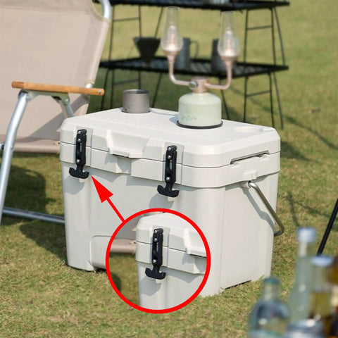 Two Pack Rubber Flexible T Handle Draw Latches With Mounting Screws on a white cooler outdoors