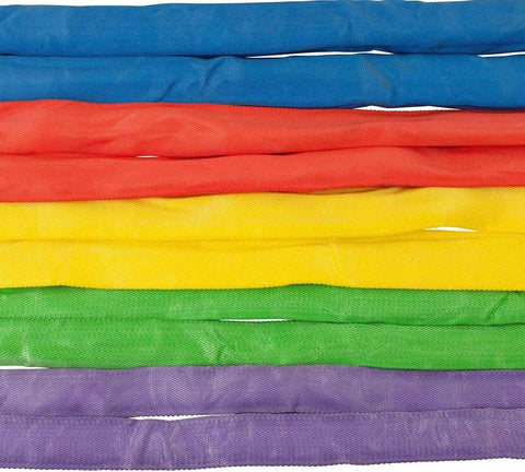 Blue, red, yellow, green, and purple endless round slings for lifting and towing; includes 6 Ft Purple Polyester Endless Round Sling With 2600 Lbs Vertical Capacity, 2100 Lbs Choker Capacity, And 5200 Lbs Basket Capacity For Heavy Duty Wrecker Recovery, Lifting And Towing.
