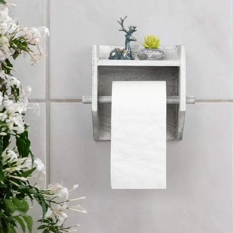 Rustic White Wood Wall Mounted Toilet Paper Holder With Storage Shelf Vintage Style Paper Roll Rack For Bathroom Or Kitchen