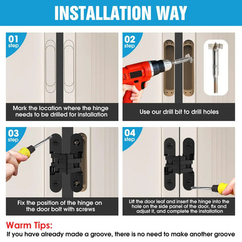 Installation steps for Invisible Cabinet Door Hinges 180 Degree Sweep Hidden Cross Hinge 4 Pack for frameless furniture.