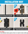 Installation steps for Invisible Cabinet Hinges 180 Degree Concealed Cross Hinges in Black Zinc Alloy on a frameless cabinet door.
