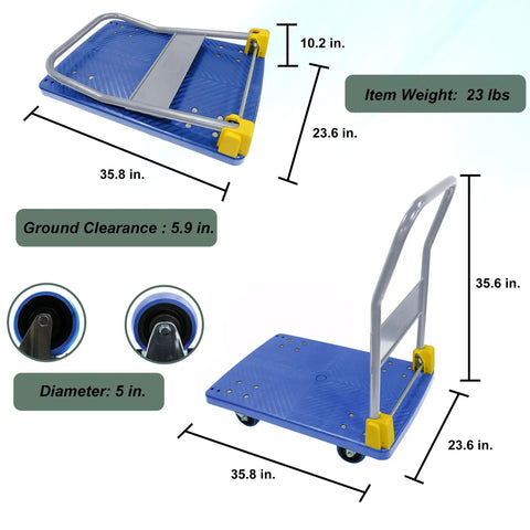 Beast Of A Heavy Duty Foldable Platform Truck With 880 Lb Capacity Anti Skid Deck Swivel Brake Wheels Steel Flatbed Utility Cart For Warehouse Office And Home Use Blue, 35.8 in.