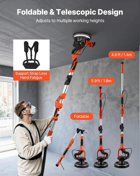 Premium Power Electric Drywall Sander Engineered For Fast Popcorn Texture Removal; adjustable telescopic design shown in use.
