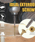 Drill driving deck screws for outdoor wood and fence, tan, rust resistant epoxy coated, T25 Torx bit, close-up view.