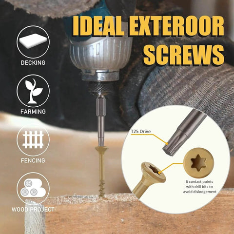 Drill driving deck screws for outdoor wood and fence, tan, rust resistant epoxy coated, T25 Torx bit, close-up view.