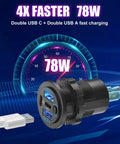 Two Pack 12V USB Car Charger With Four Ports 78W Fast Charge PD3 And QC3 Quick Charge in front of speedometer graphic