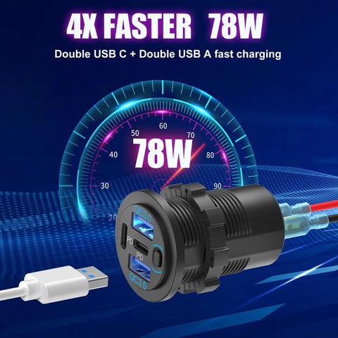 Two Pack 12V USB Car Charger With Four Ports 78W Fast Charge PD3 And QC3 Quick Charge in front of speedometer graphic