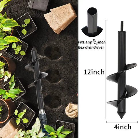 Powerful Garden Auger Drill Bits Set For Easy Planting Of Bulbs And Flowers, 4x12 inch hole punch in soil with plants nearby.