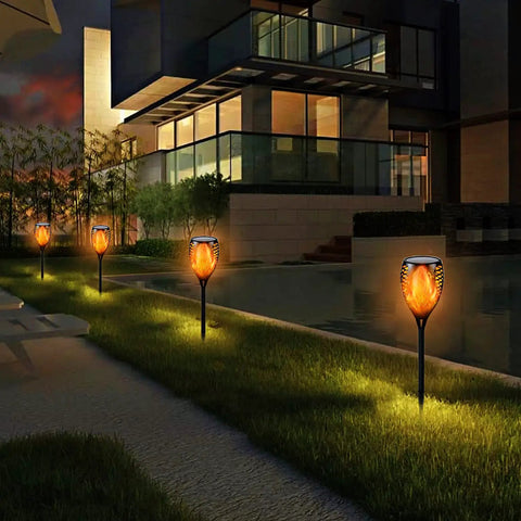 Four Pack Solar Tiki Torch Lights Outdoor With Brighter Bulbs And Quick Charging Larger Solar Panel For IP65 Waterproof Backyard