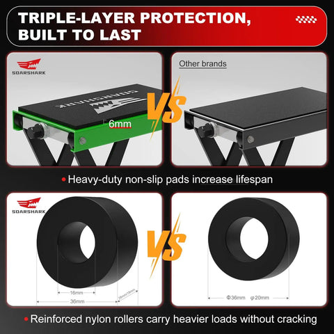Comparison of Heavy Duty Aluminum Motorcycle Scissor Lift Jack 1100 Lbs with upgraded M16 Screw and other brand in green and black