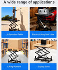 Electric scissor lift table with adjustable height; black steel frame and wooden top; four-panel collage shows uses