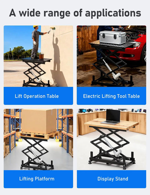 Electric scissor lift table with adjustable height; black steel frame and wooden top; four-panel collage shows uses