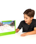 Boy observing Large Viewing Ant Farm for Live Ants, Hands On STEM Toy, DIY Science Kit, green base with clear walls on table.