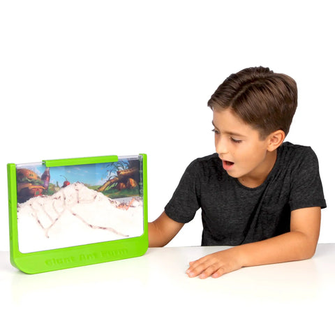 Boy observing Large Viewing Ant Farm for Live Ants, Hands On STEM Toy, DIY Science Kit, green base with clear walls on table.