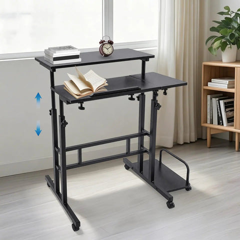 Smooth Operator Height Adjustable Standing Desk With Heavy Duty Steel Build And Six Easy Roll Wheels For Ergonomic Sit Stand Office Setup To Level Up Your Grind, showcasing adjustable height with books.