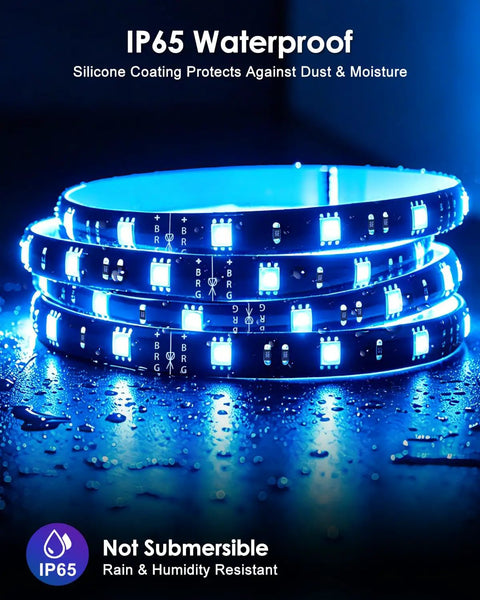 RGB Waterproof LED Strip Lights Kit with Dimmable 5050 Tape, coiled IP65 waterproof strips glowing blue, silicone coated.