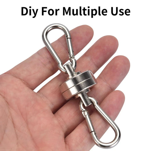 Hand holding 40LB Magnetic Hooks With Carabiner 8-Pack Ultra Strong Camping Tent Hooks For Lanterns And Gear, Sunshade Clips
