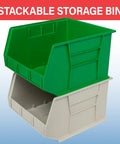 Green 3 Pack Stackable Plastic Storage Bins Space Saving Organizer For Garage Pantry Closet And Craft Room DIY Ready Heavy Duty 75 LB Capacity 18 By 16 By 11 Inches with grey base