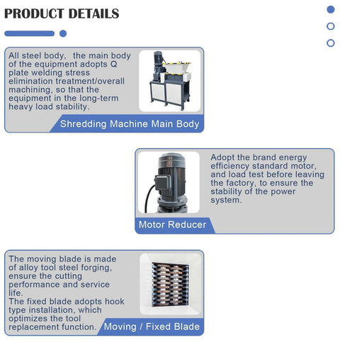 WYDDDARY biaxial shredding machine with 19 blades; main body, motor reducer, moving/fixed blade assembly