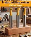 Top Shelf Kickass Keyhole Router Bit Set Includes 3 Piece T Slot T Track Bits With One Quarter Inch Shank, positioned in a wooden holder.