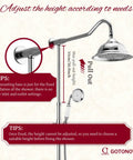 Diagram showing Exposed Shower System Set In Polished Chrome with 8 Inch Rain Shower Head and height adjustment details.