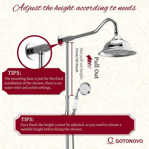 Diagram showing Exposed Shower System Set In Polished Chrome with 8 Inch Rain Shower Head and height adjustment details.