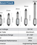 Size comparison chart of 12V Tiny But Mighty Mini Linear Actuator 0.4 Inch Stroke, 4.5 Lb Load, Aluminum Body Actuator with dimensions.