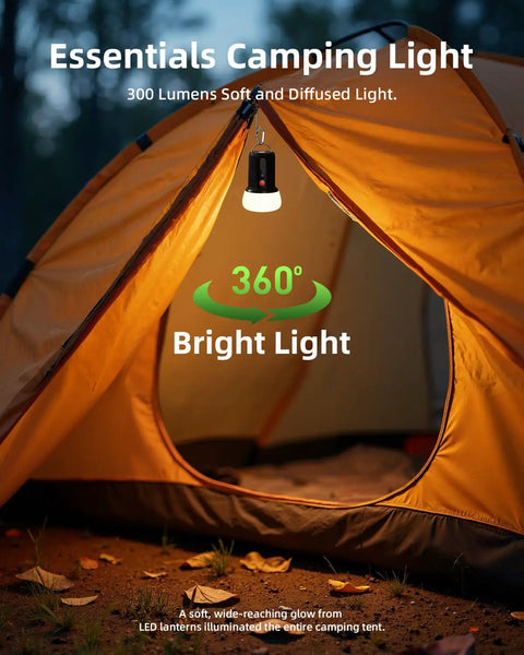 Rechargeable LED Camping Lantern With 6000mAh Battery Emergency Outdoor Tent Light illuminating inside of an orange tent.