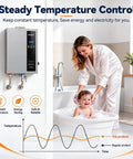 Heavy Hitter 18Kw Electric Tankless Water Heater Hands You Instant Hot Water Up To 4 To 9 Gpm Featuring A Snazzy Led Digital Display for steady temperature control in a bathroom with mother and child.