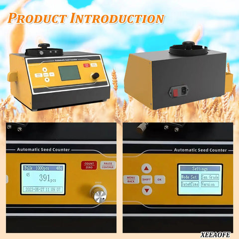 XeeaoFe Automatic Seed Counting Machine For Rice, Corn, Soybean & Wheat showing control panel and settings display.
