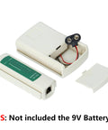 Pro Grade RJ45 Crimp Tool Pass Through Kit With Built-In Tester showing open battery compartment without 9V battery