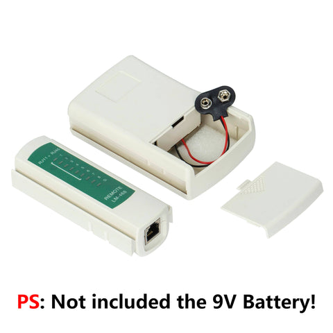 Pro Grade RJ45 Crimp Tool Pass Through Kit With Built-In Tester showing open battery compartment without 9V battery