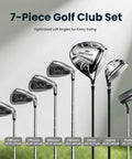 8 Piece Golf Club Set For Men With Stand Bag Driver Hybrid 5 7 9 Pitching Wedge Putter Right Handed Black Great For Beginners And Casual Players With High Forgiveness And Ample Distance Game Ready Feel, showing clubs lined up with loft angles.