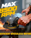 Rugged Brushless Cordless Angle Grinder 4 1/2 Inch With Variable Speed Dial Compatible With 20V Batteries uses 8500 RPM motor for effective cutting.