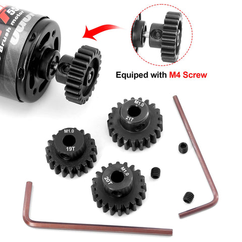 Mod 1 Pinion Gear Set Hardened Steel 5mm Motor Shaft Gears 19T 20T 21T 22T M1 Pitch for RC Cars Trucks with hex keys and screws