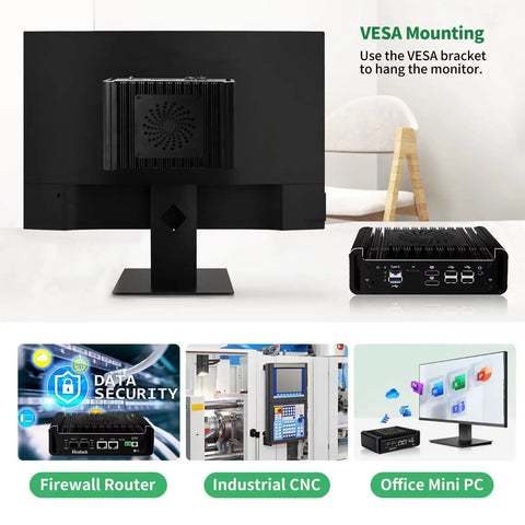 Rock Solid Firewall Mini PC Driven By Intel N150 Featuring Dual Ten G And Dual Two Point Five G LAN Ports Smooth Home Lab Setup Lightning DDR5 RAM 256 GB SSD Dual Monitor For Heavy Duty Networking That Slaps with VESA mounting setup