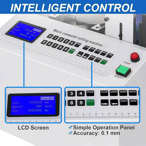 Precision Electric Heat Shrink Tube Cutter Machine With Digital Mic Control display showing LCD and operation panel.