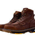 Side view of Six Inch Moc Toe Work Boots For Men In Ocre Brown Full Grain Leather with durable traditional welted construction.