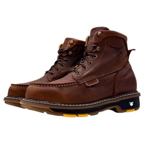 Side view of Six Inch Moc Toe Work Boots For Men In Ocre Brown Full Grain Leather with durable traditional welted construction.