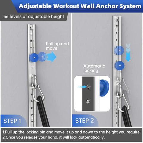 Adjustable Resistance Band Wall Anchor Mount System showing height adjustment mechanism, durable steel material for home workouts.