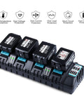 Beast 4 Port Fast Charger for 14.4V and 18V LXT Li-Ion Batteries with Dual USB Ports showing four batteries charging