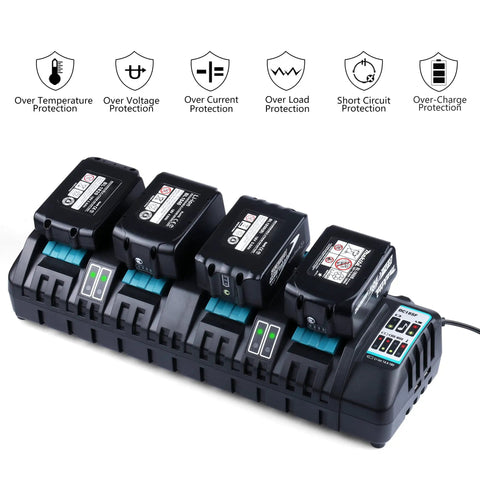 Beast 4 Port Fast Charger for 14.4V and 18V LXT Li-Ion Batteries with Dual USB Ports showing four batteries charging