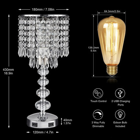 Crystal Table Lamp for Bedroom Nightstand With USB Ports, 16.9-inch height, silver with dimmable touch control and Edison bulb