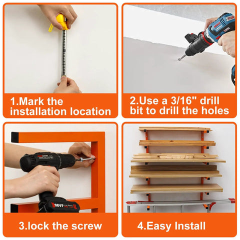 Installing Heavy Duty Wall Mounted Lumber Rack Go Big Or Go Home using a drill for easy wall mounting in a garage.