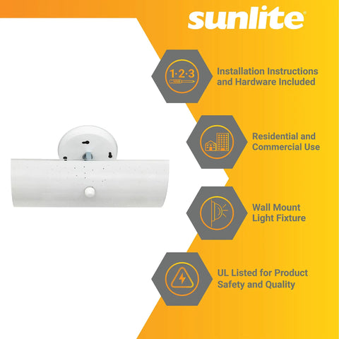Front view of Lit Dual Socket Vanity Light Fixture With Frosted Glass Shade For Wall Mount Bathrooms, labeled features on the side.