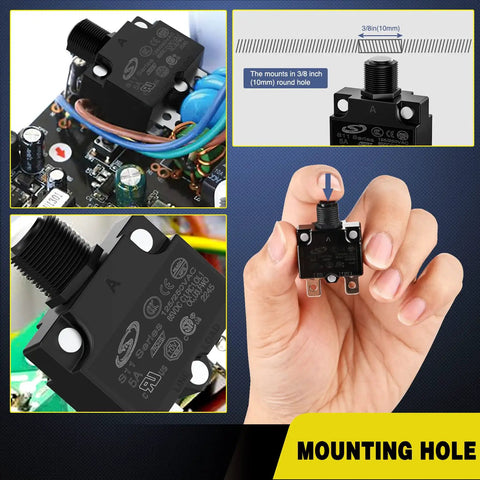 Premium 5 Pack Thermal Circuit Breaker With Auto Reset Function 5 Amp shown mounted on a circuit board alongside a hand for scale.