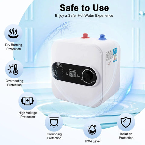 Compact 2 Point 1 Gallon Under Sink Hot Water Heater Featuring 1500 Watt Fast Heating, with safety features and control panel.