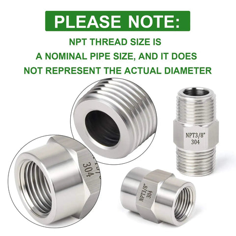 304 Stainless Steel Pipe Fitting Hex Nipple And Coupling Kit, Three Eighths Inch NPT Male To Three Eighths Inch NPT Female Threads, Tough As Nails Forged Steel Hardware