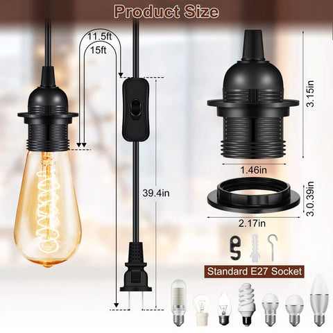 Six Piece Hanging Light Cord Kit For DIY Pendant Lamps With Inline On Off Switch And E27 Socket 15 Feet Black Wire
